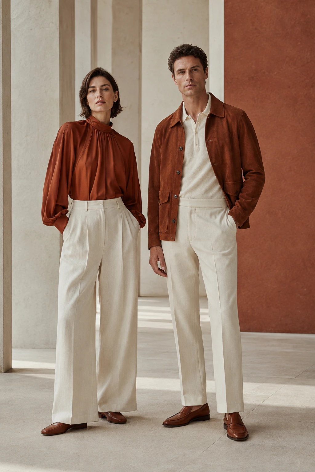 A woman and man pairing rust tops and outerwear with ecru tailored trousers in a light stone colonnade