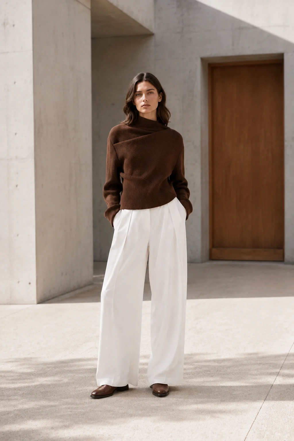 Woman in a warm-brown draped knit and crisp white wide-leg trousers in a bright concrete courtyard