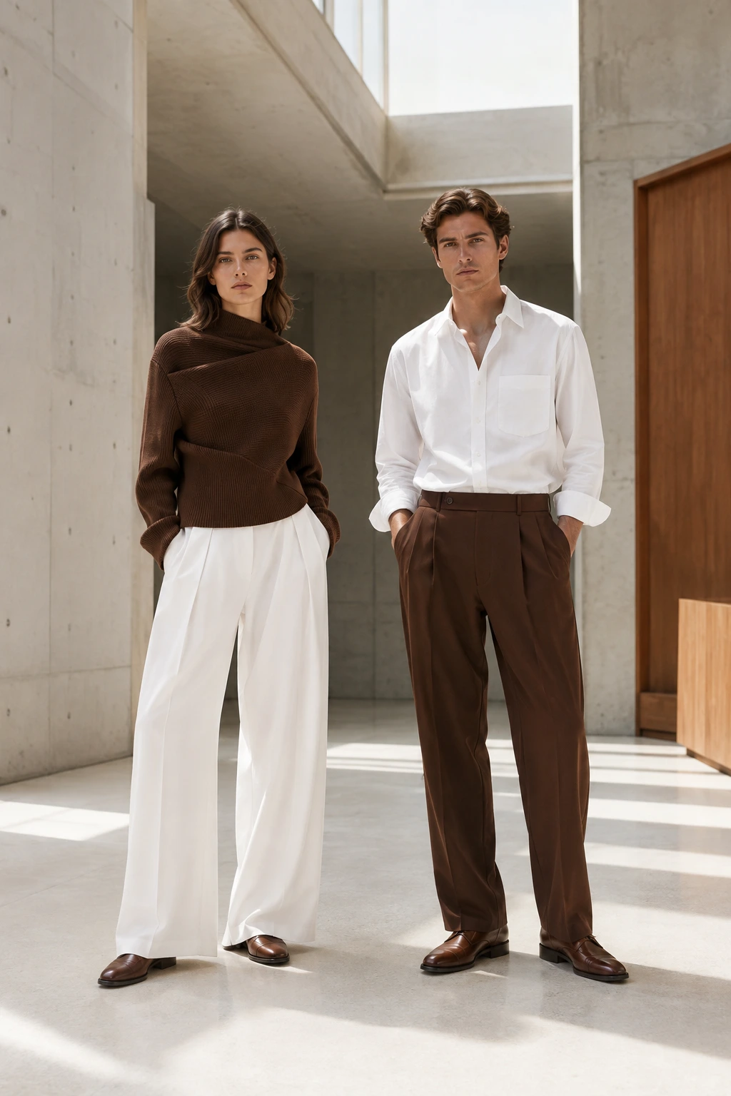 A woman and man in warm-brown knitwear, white shirting and two-tone tailoring in a bright concrete atrium