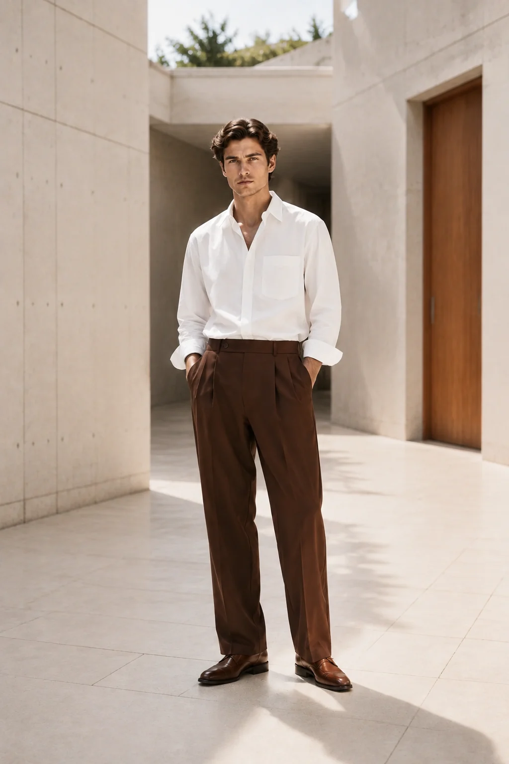 Man in a crisp white shirt and warm-brown tailored trousers in a bright concrete courtyard