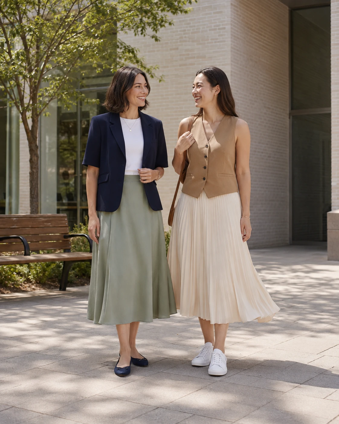 Dos propuestas de falda fluida + top estructurado. Controla el movimiento fluido con forma en cintura y hombros.
