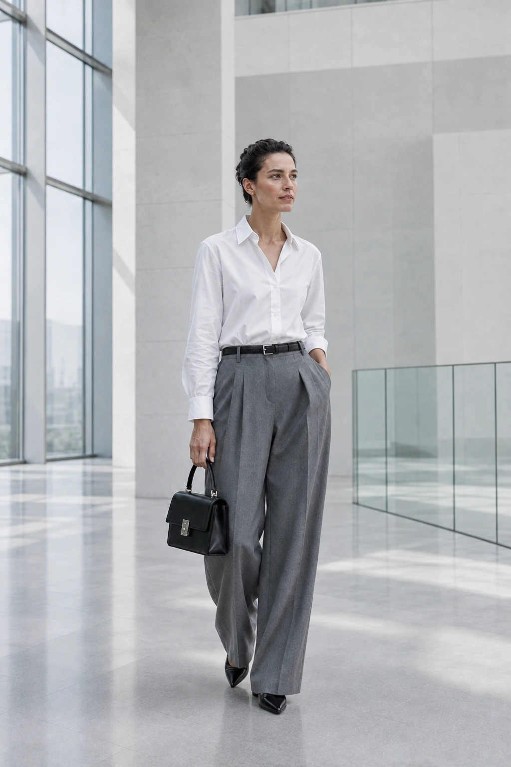 Mujer: Camisa blanca + pantalón gris de pierna ancha + accesorios de piel negra.