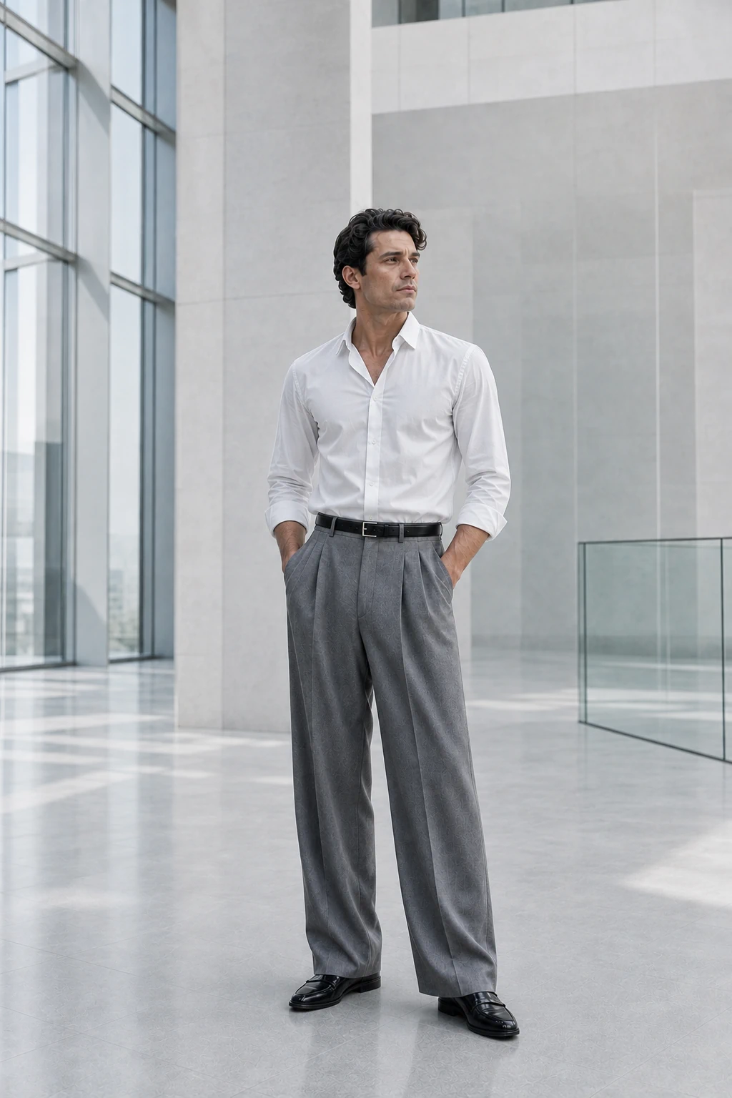 Hombre: Camisa blanca + pantalón gris de pinzas + accesorios de piel negra.