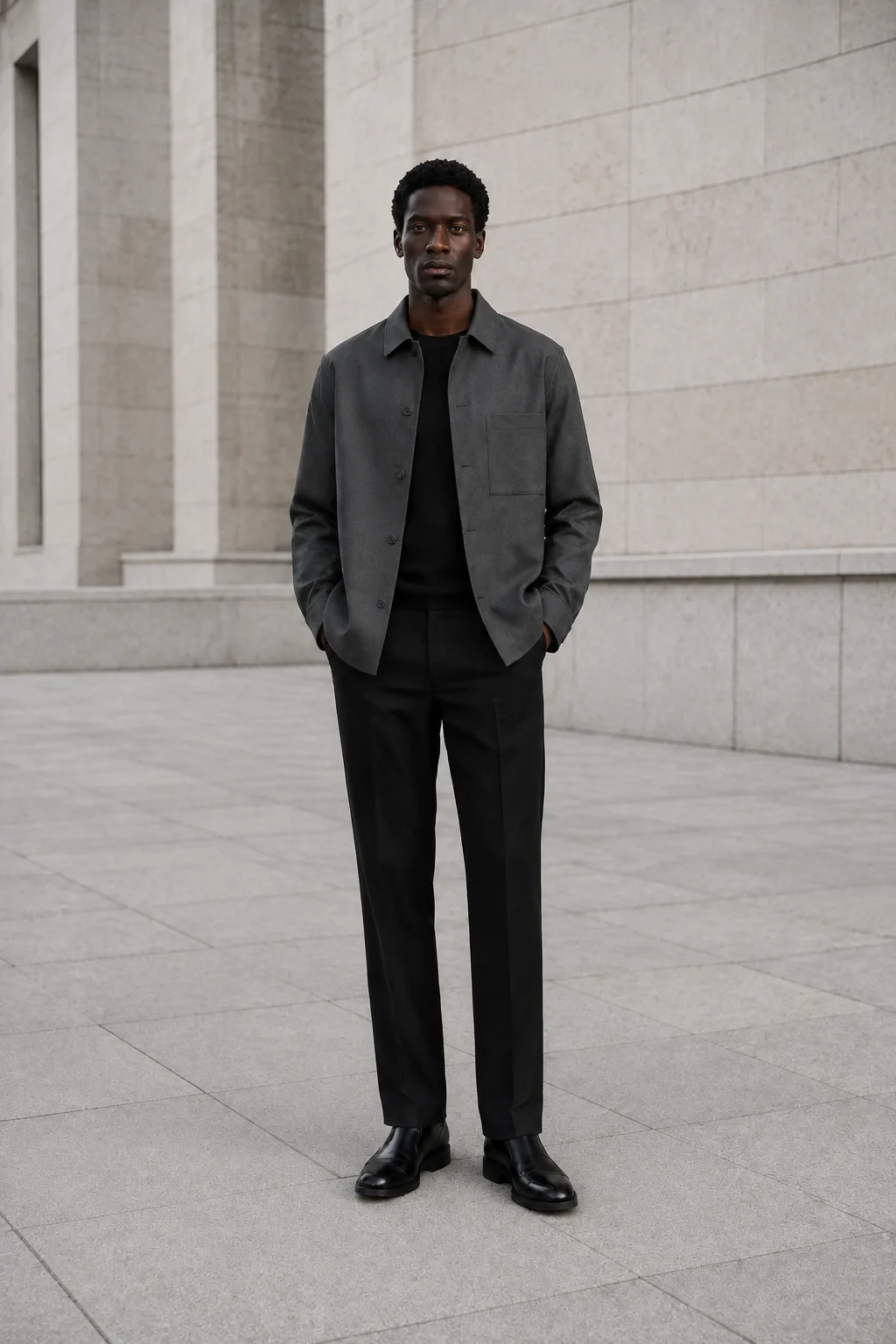 Hombre: Chaqueta gris de Payne + jersey negro + pantalón negro.