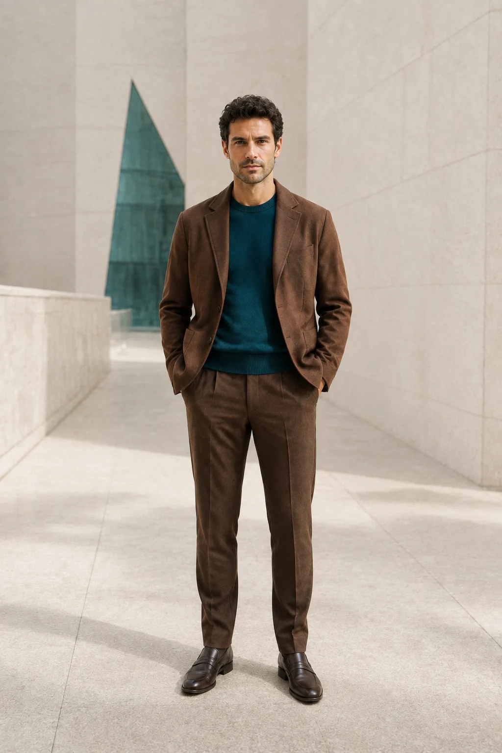 Hombre: Jersey verde azulado oscuro + americana y pantalón cacao.