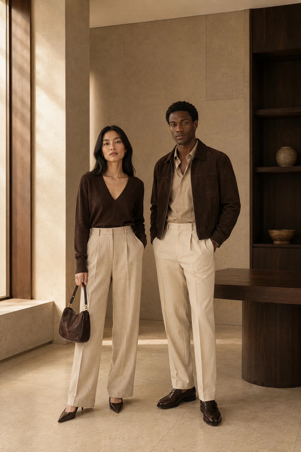 Conjuntos de mujer y hombre en beige y chocolate: aire sofisticado.