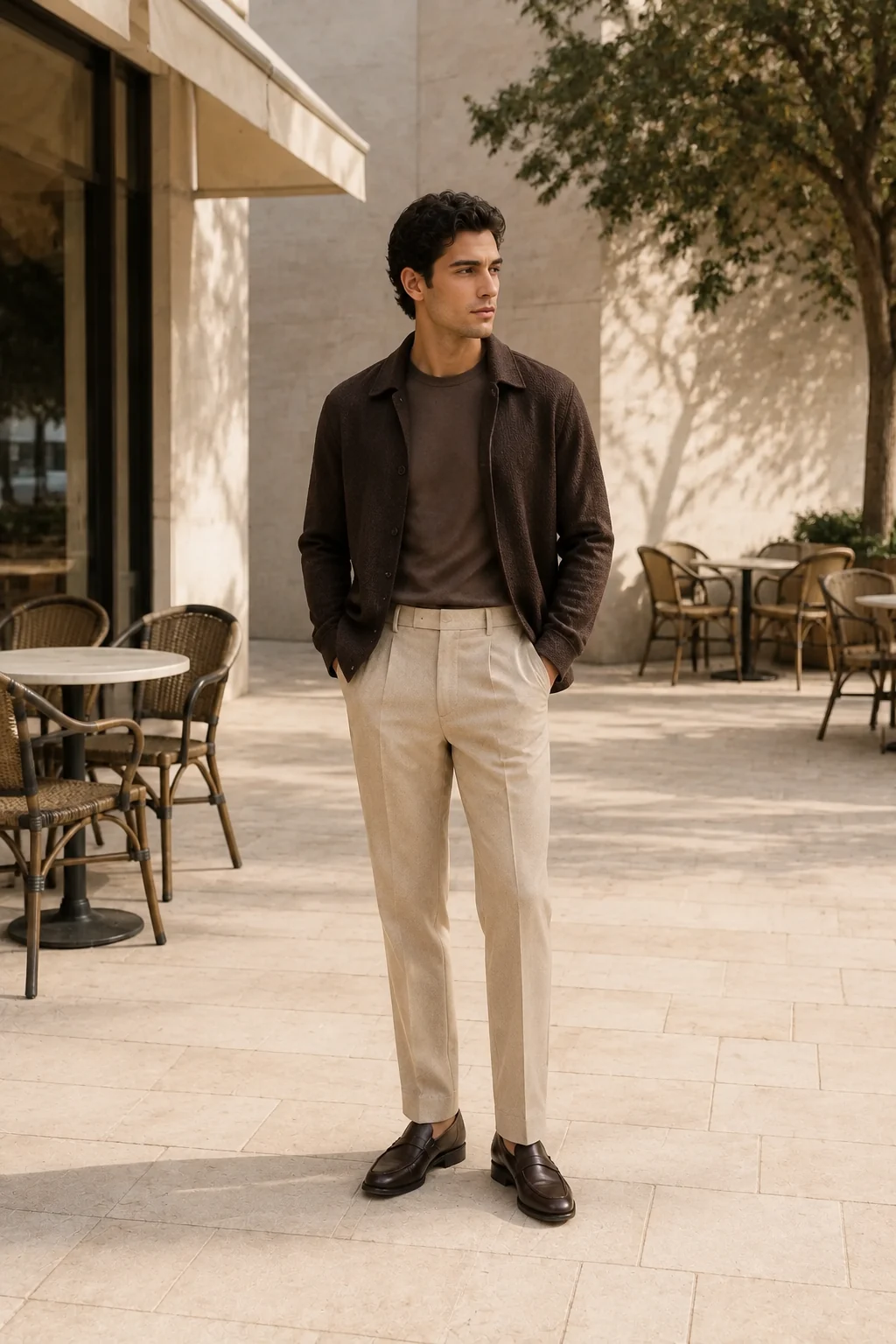 Hombre: Sobrecamisa chocolate con textura + pantalón beige + mocasines marrones.