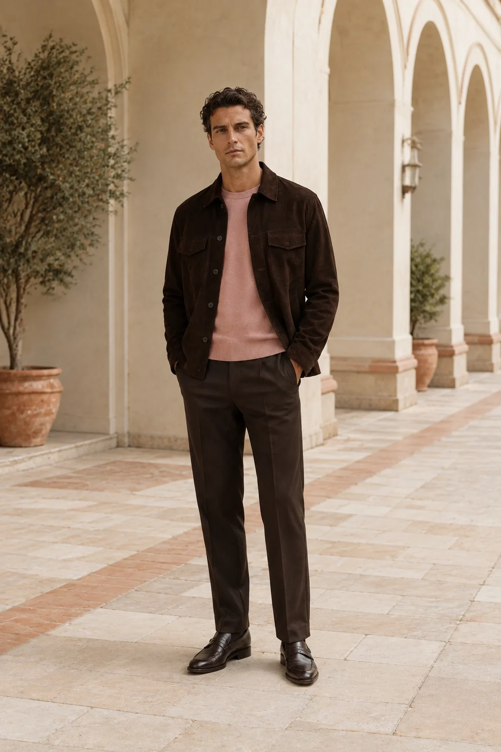 Hombre: Jersey rosa empolvado + sobrecamisa chocolate + pantalón marrón.