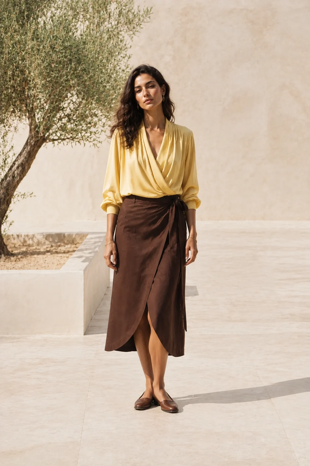 Mujer: Blusa amarillo suave + falda cruzada marrón + zapatos planos marrones.