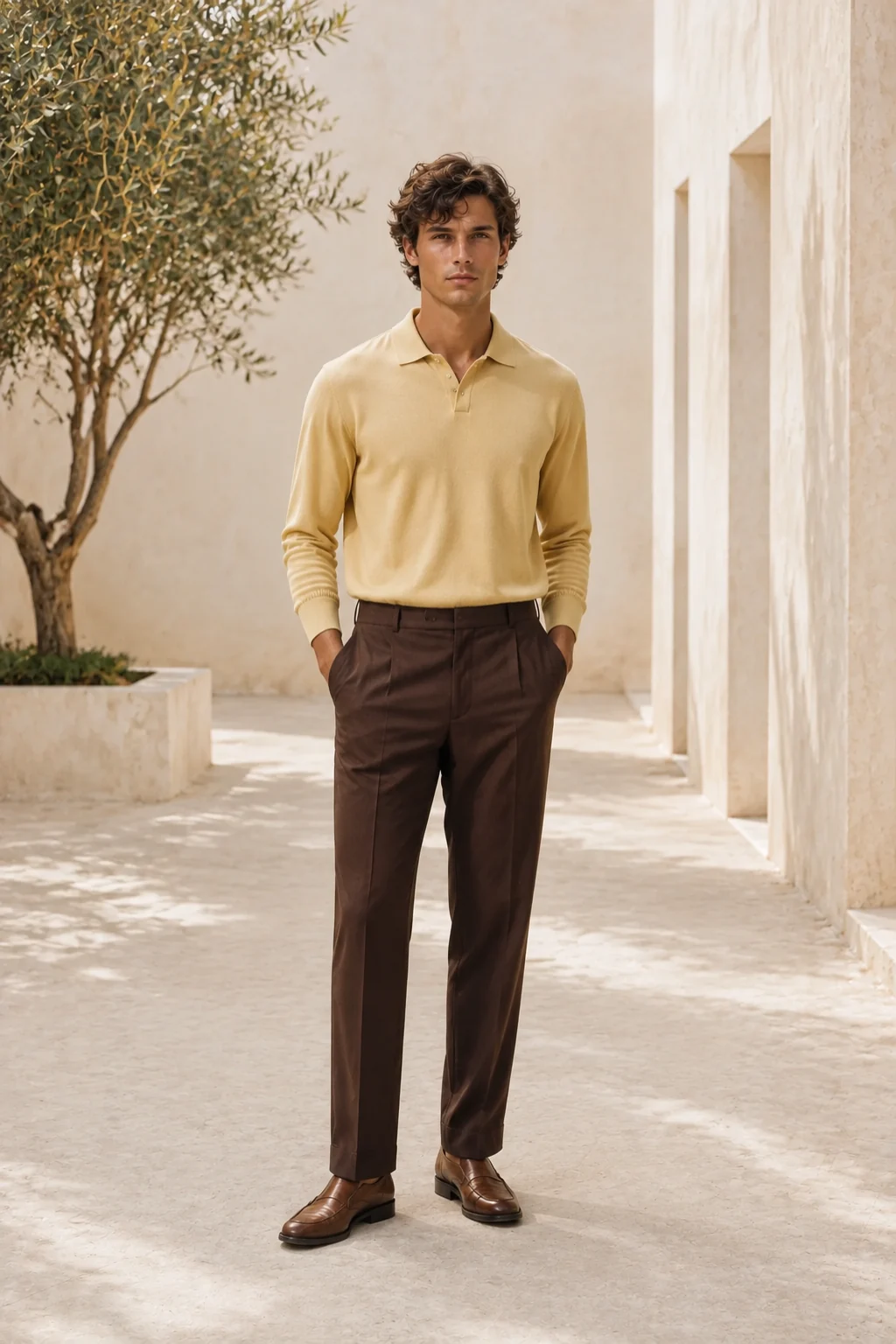 Hombre: Polo de punto amarillo suave + pantalón marrón de vestir + mocasines.