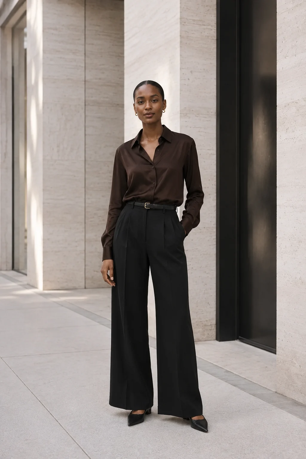 Mujer: Camisa fluida chocolate + pantalón negro de pierna ancha + zapatos planos de punta.