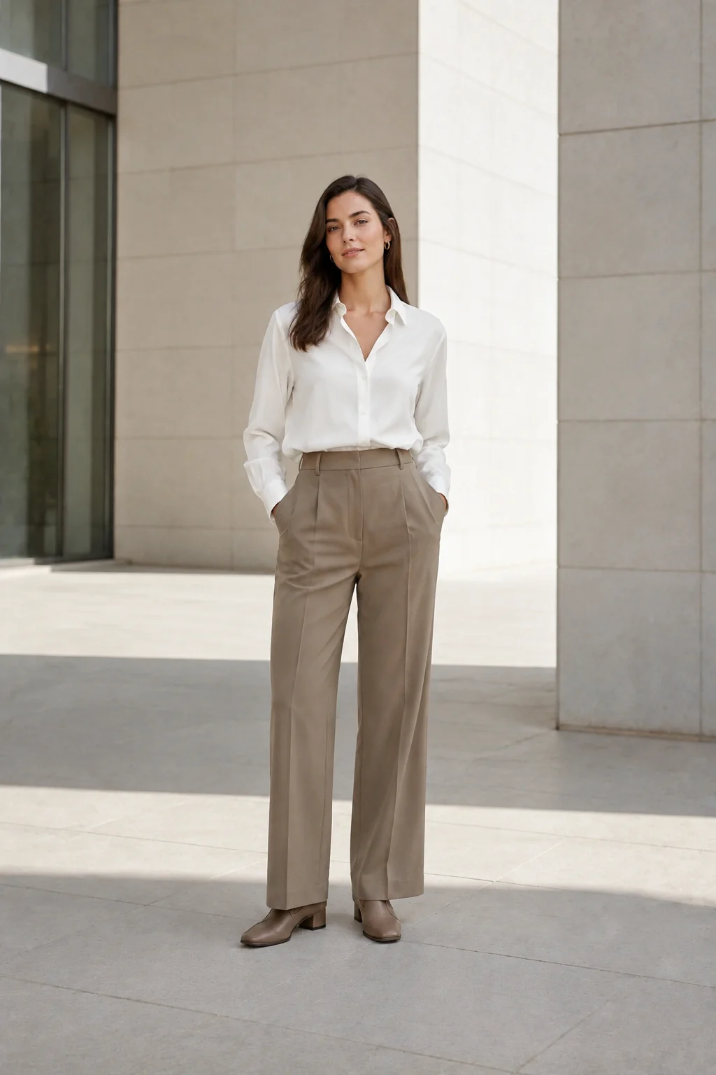Mujer: Camisa blanca + pantalón topo de pierna ancha + zapatos topo.