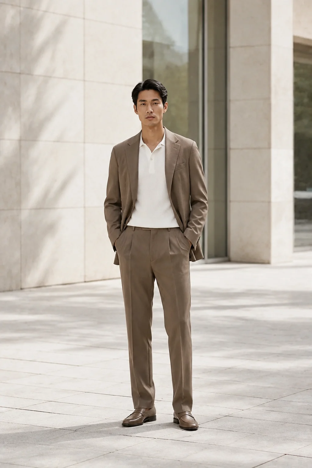 Hombre: Traje topo + polo de punto blanco + mocasines topo.