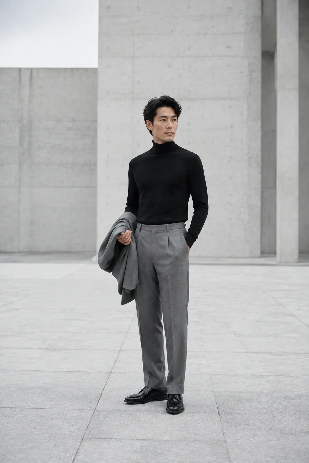 Hombre: Jersey negro de cuello alto + pantalón gris de vestir + accesorios de piel negra.