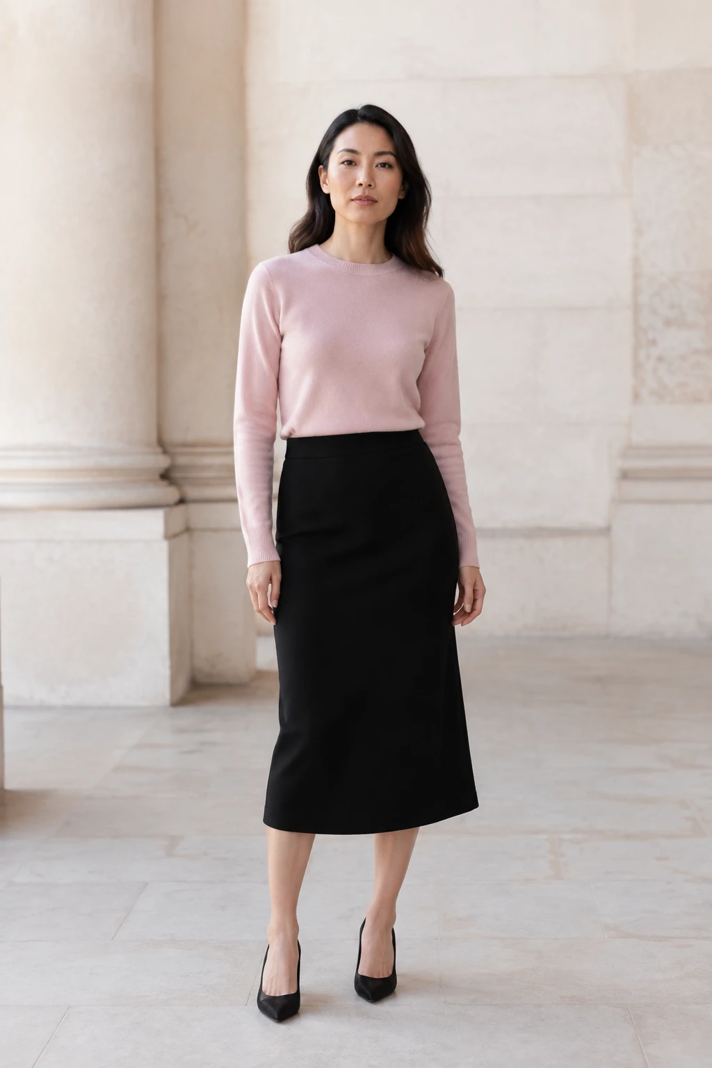 Mujer: Jersey rosa apagado + falda midi negra + zapatos negros sencillos.