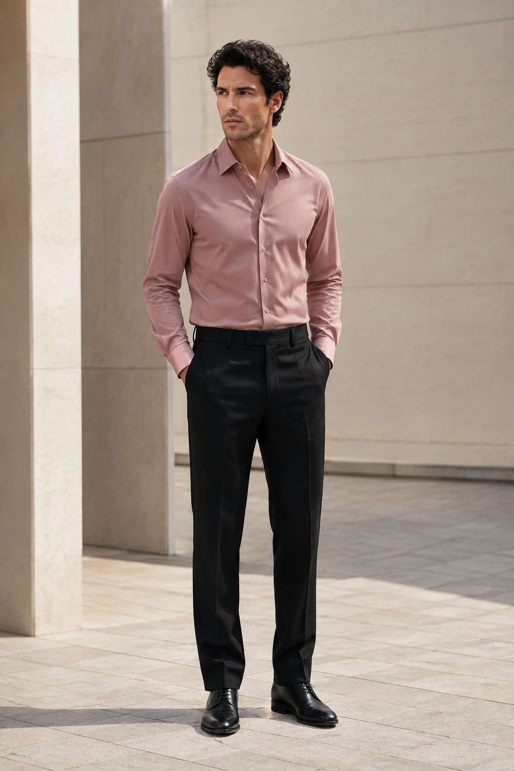 Hombre: Camisa rosa empolvado + pantalón negro de vestir + zapatos de piel minimalistas.