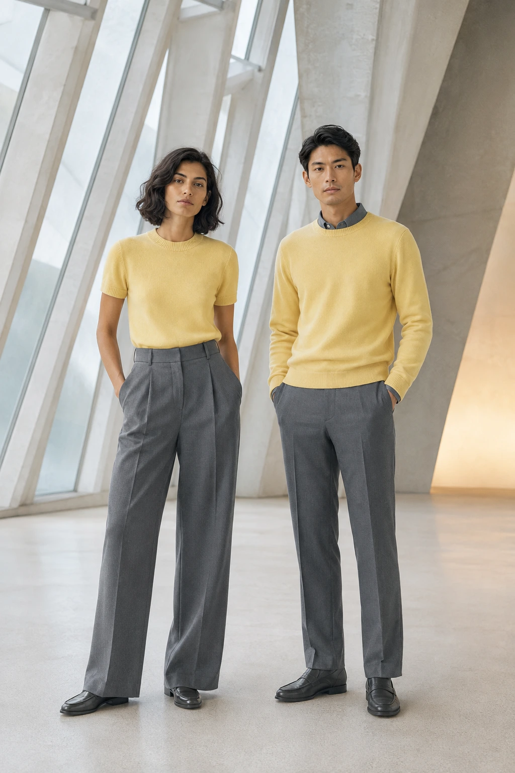 Conjuntos de mujer y hombre en gris de payne y amarillo suave: contraste suave.