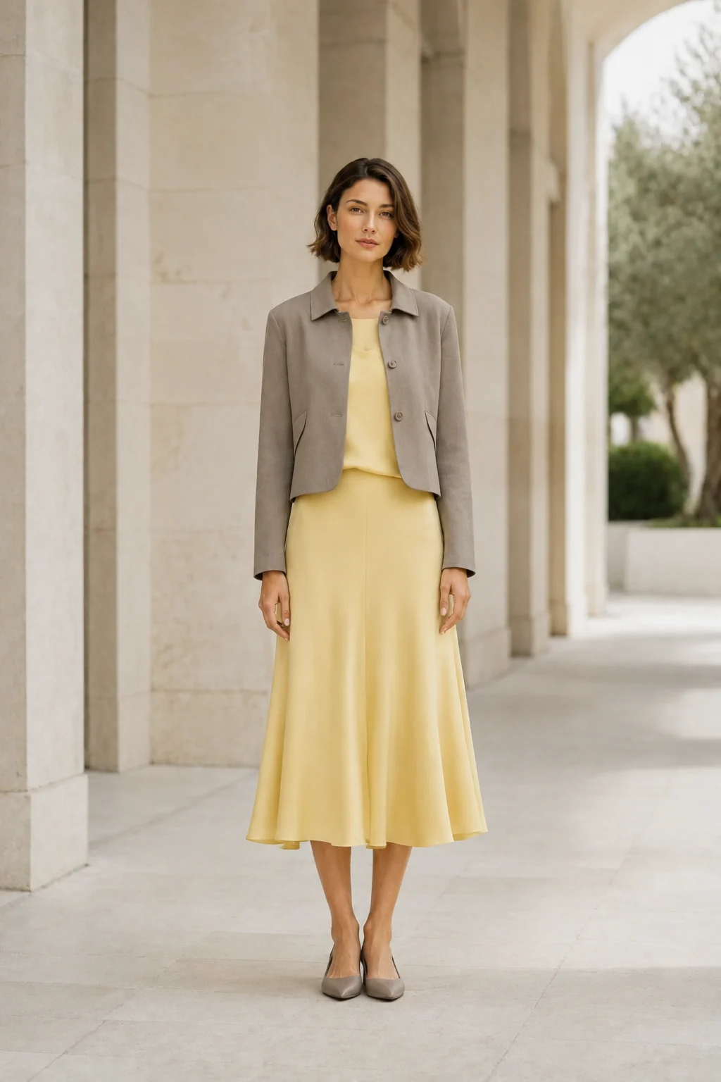 Mujer: Jersey y falda amarillo mantequilla + chaqueta topo frío.