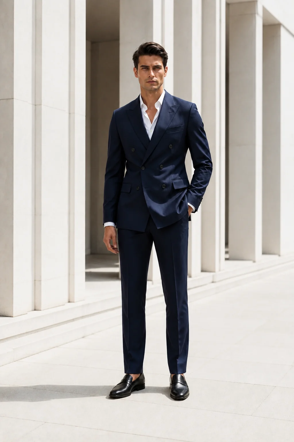 Hombre: Camisa blanca + traje cruzado azul marino + mocasines negros.