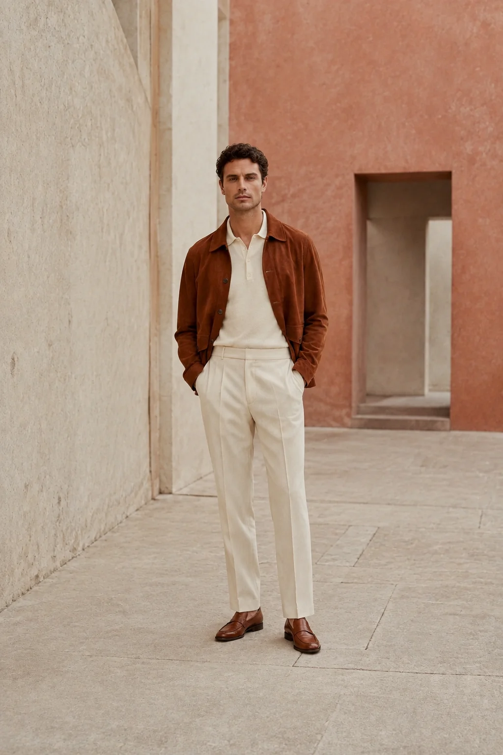 Hombre: Sobrecamisa teja + pantalón crudo + mocasines marrones.